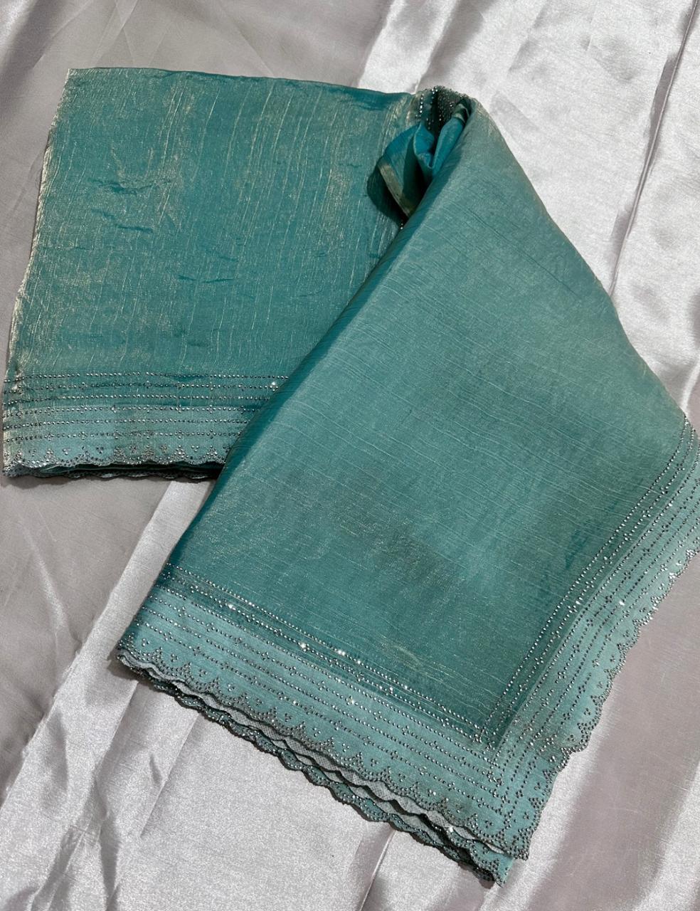 Sea Green Space Silk Saree with Shimmer Cutwork Border and Glossy Finish