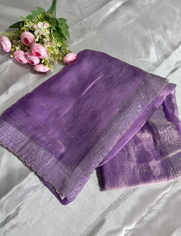 Lavender Space Silk Saree with Elegant Cutwork Border and Subtle Sheen