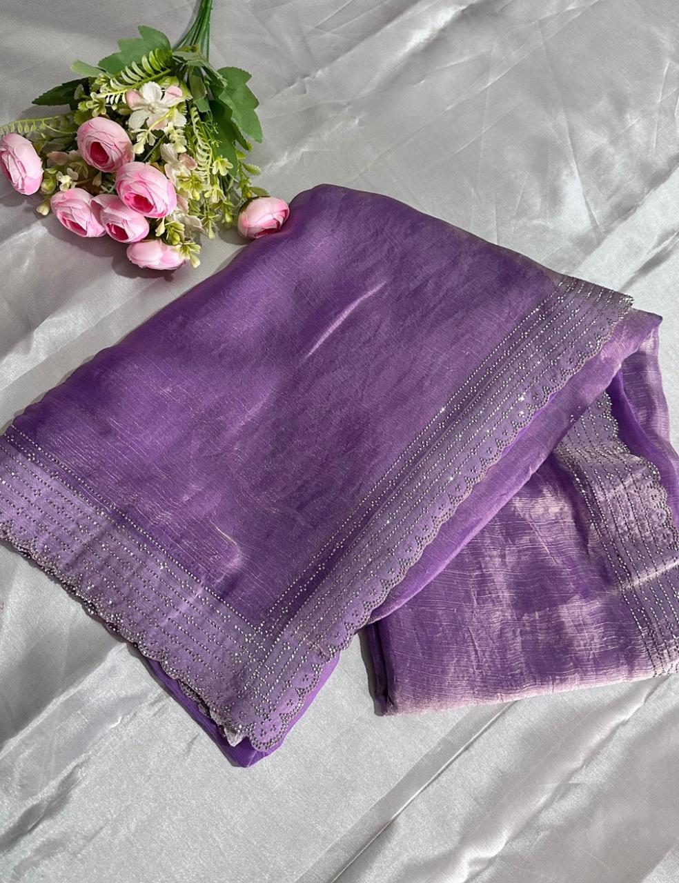 Lavender Space Silk Saree with Elegant Cutwork Border and Subtle Sheen