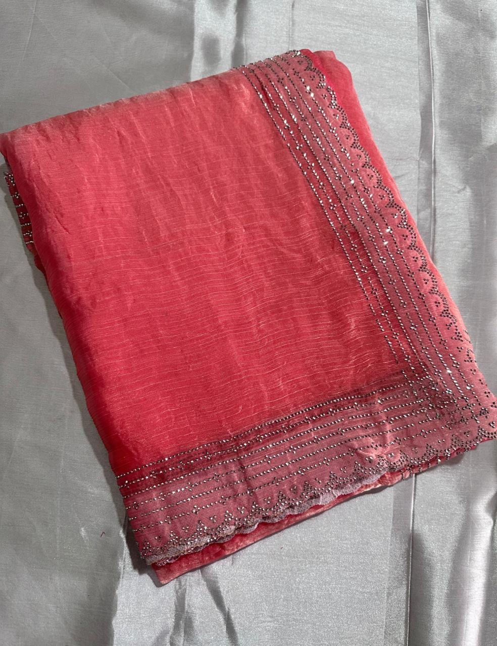 Coral Pink Space Silk Saree with Shimmer Cutwork Border and Smooth Finish
