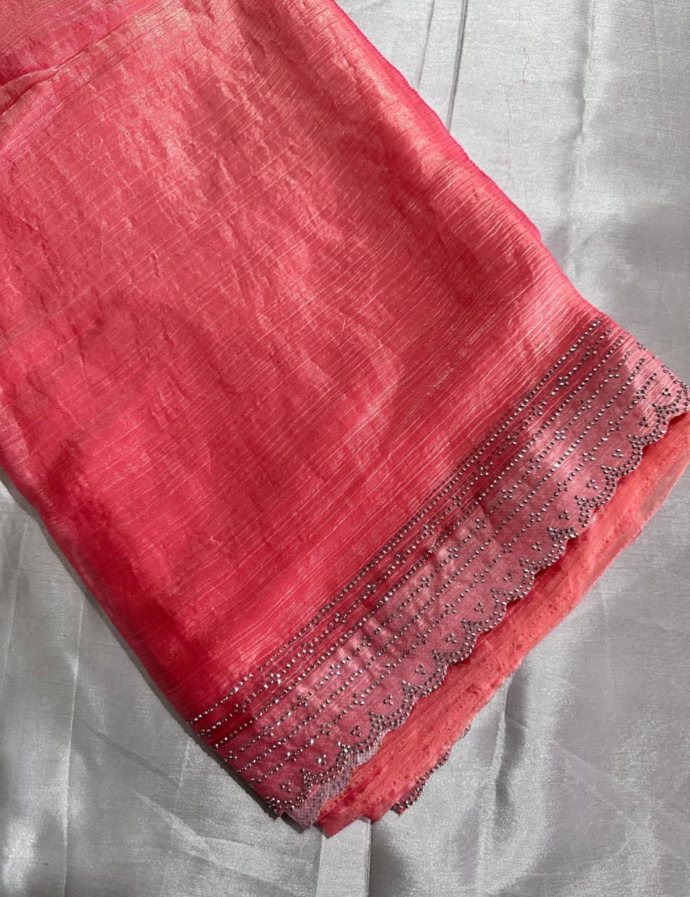 Coral Pink Space Silk Saree with Shimmer Cutwork Border and Smooth Finish