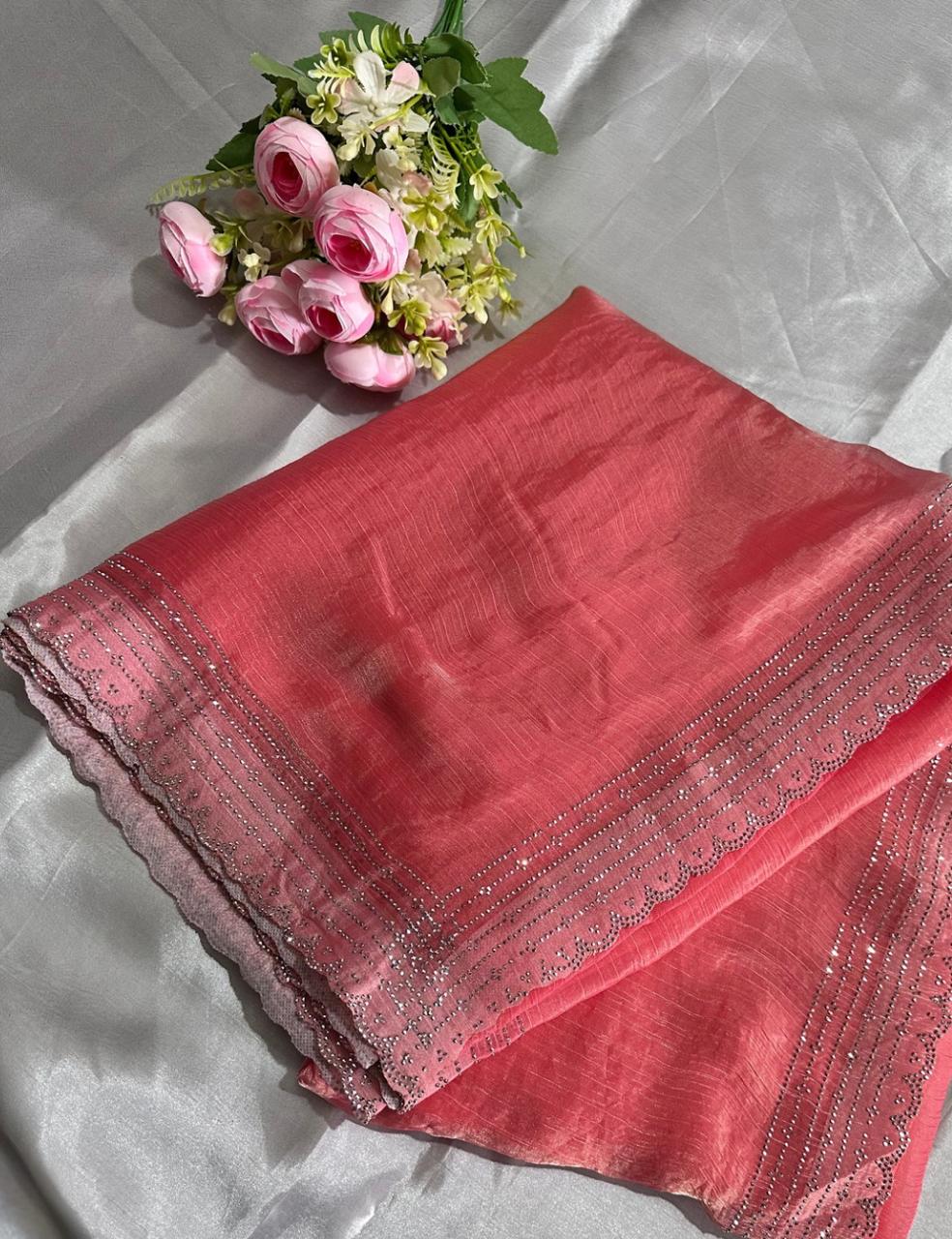 Coral Pink Space Silk Saree with Shimmer Cutwork Border and Smooth Finish