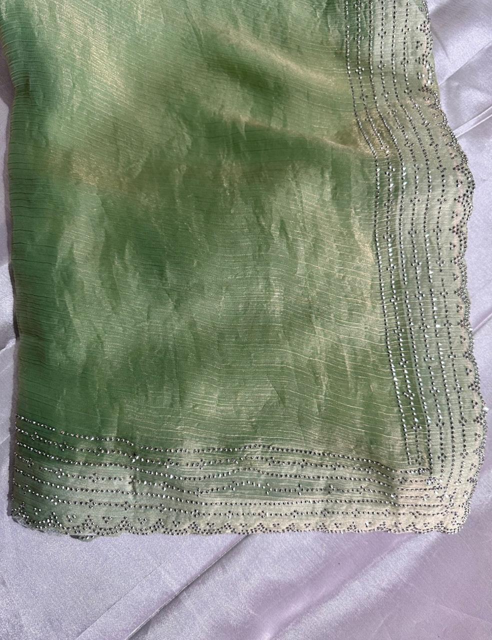 Olive Green Space Silk Saree with Shimmer Cutwork Border and Subtle Gloss