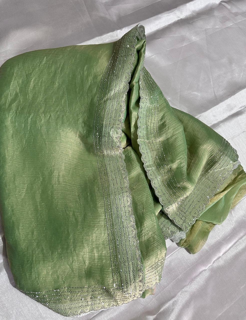 Olive Green Space Silk Saree with Shimmer Cutwork Border and Subtle Gloss