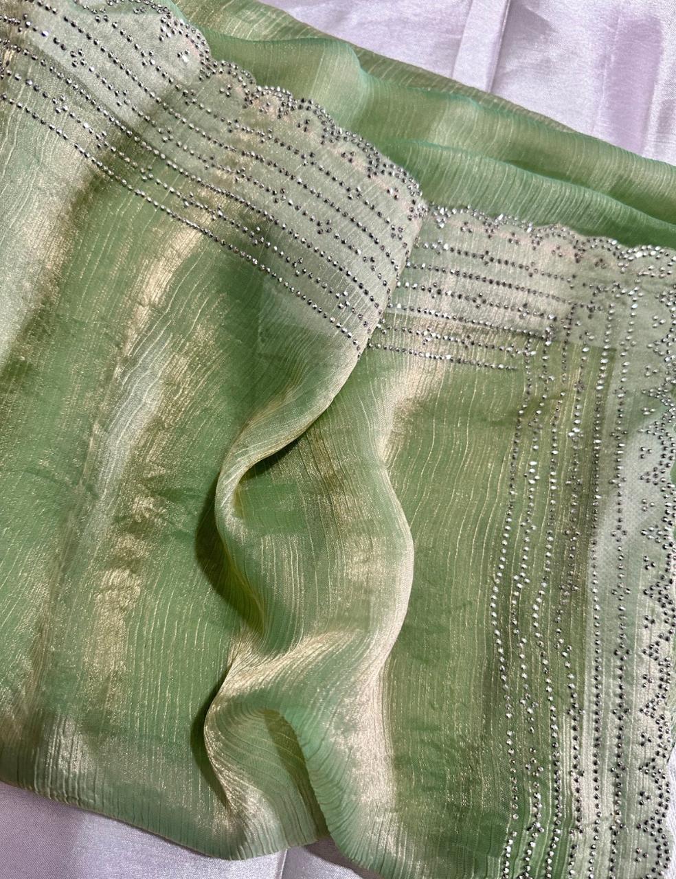 Olive Green Space Silk Saree with Shimmer Cutwork Border and Subtle Gloss