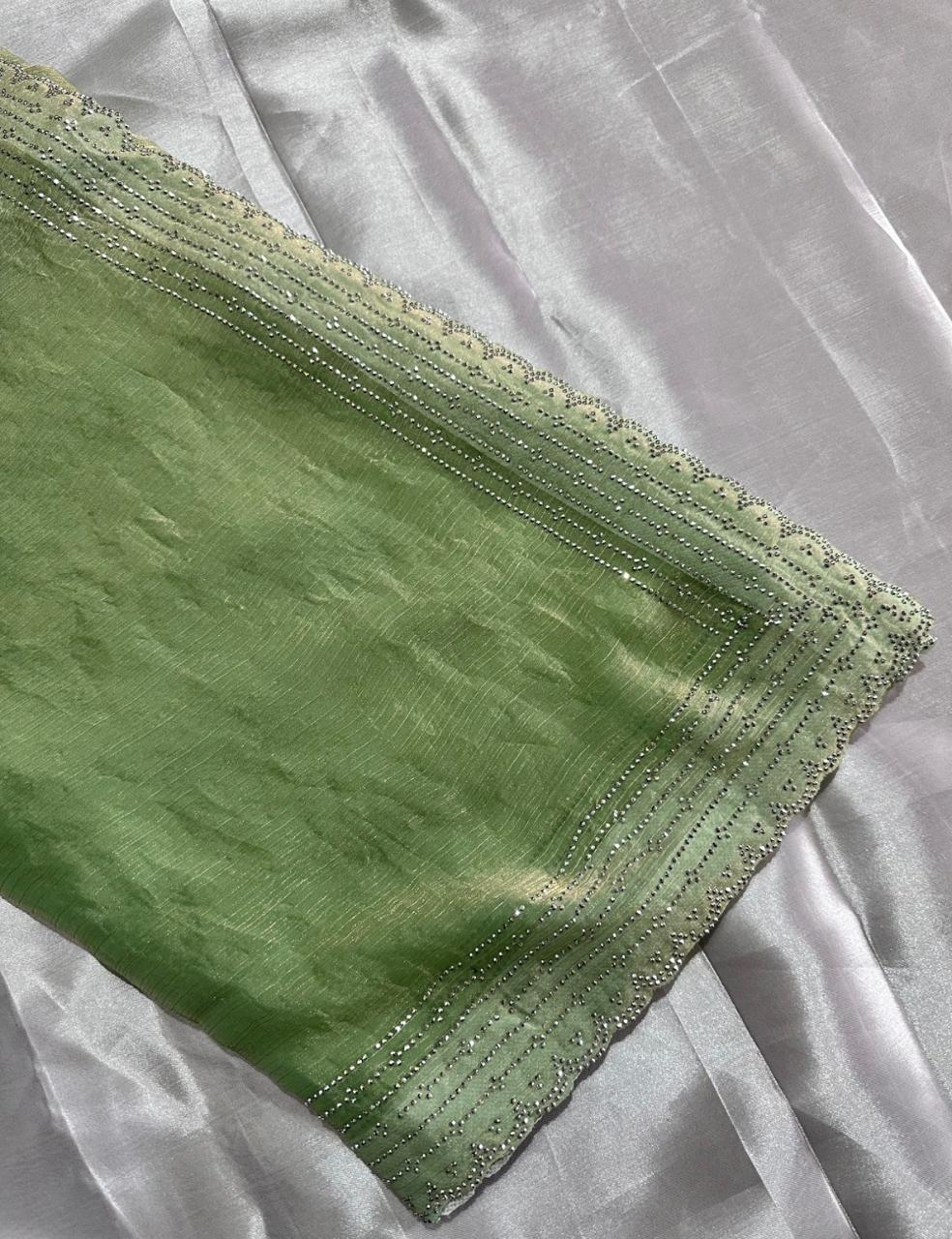 Olive Green Space Silk Saree with Shimmer Cutwork Border and Subtle Gloss