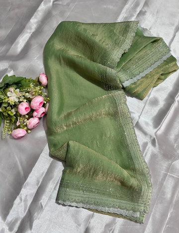 Olive Green Space Silk Saree with Shimmer Cutwork Border and Subtle Gloss