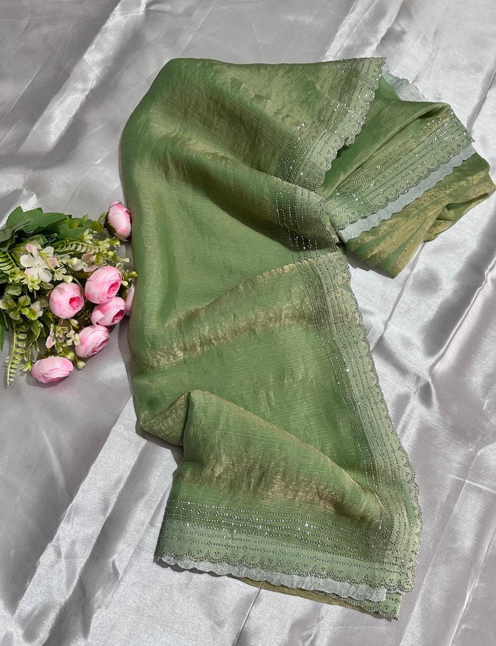 Olive Green Space Silk Saree with Shimmer Cutwork Border and Subtle Gloss