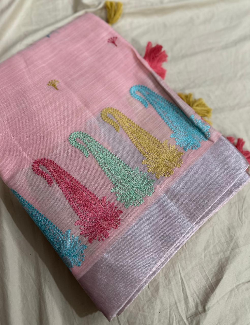 Graceful Pink Linen Saree with Colorful Tassels