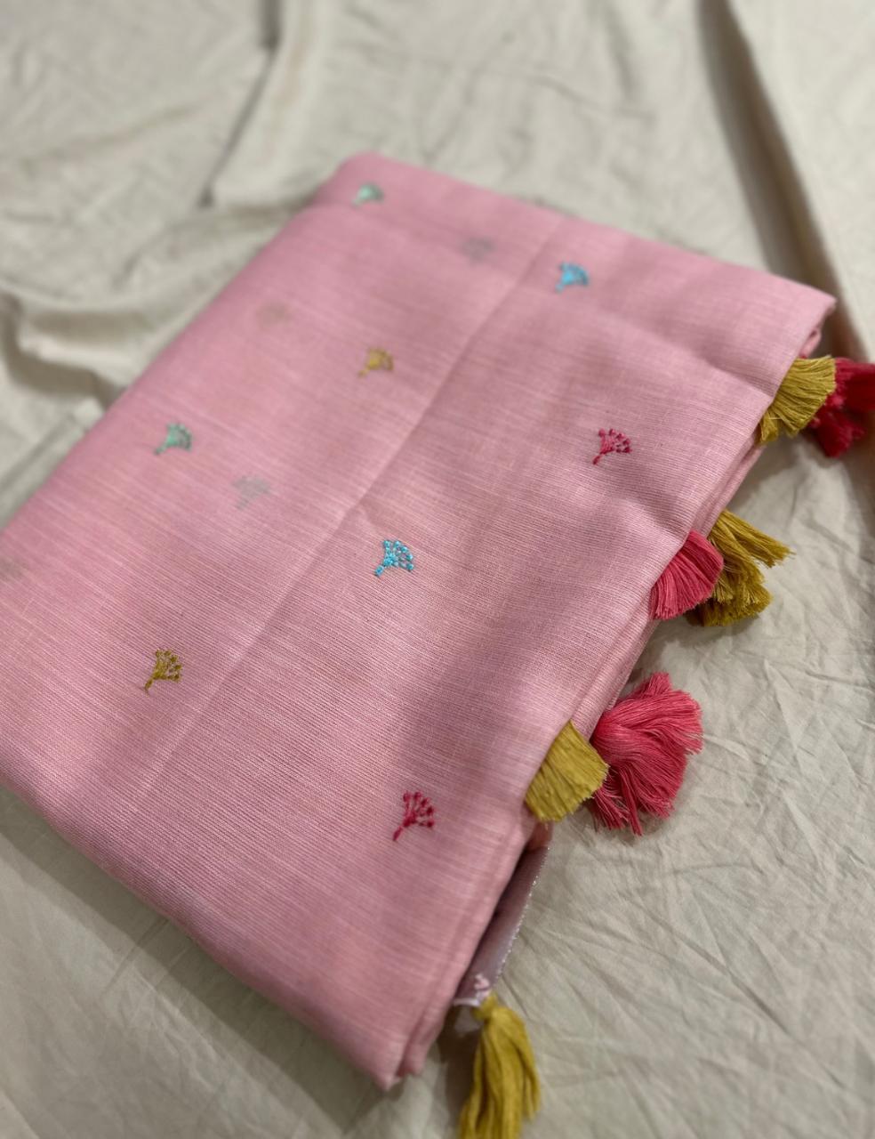 Graceful Pink Linen Saree with Colorful Tassels