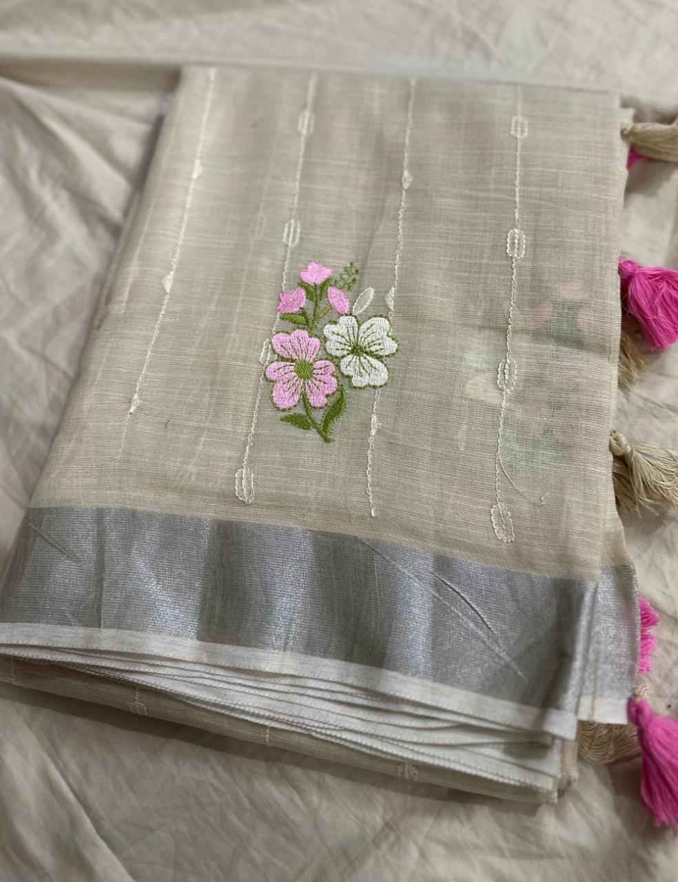 Elegant Sandle Pure LinenSaree with Multicolor Leaf Embroidery