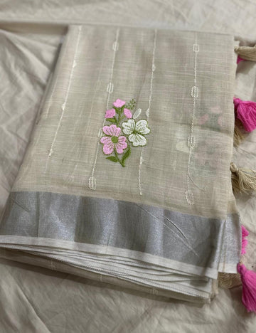 Elegant Sandle Pure LinenSaree with Multicolor Leaf Embroidery