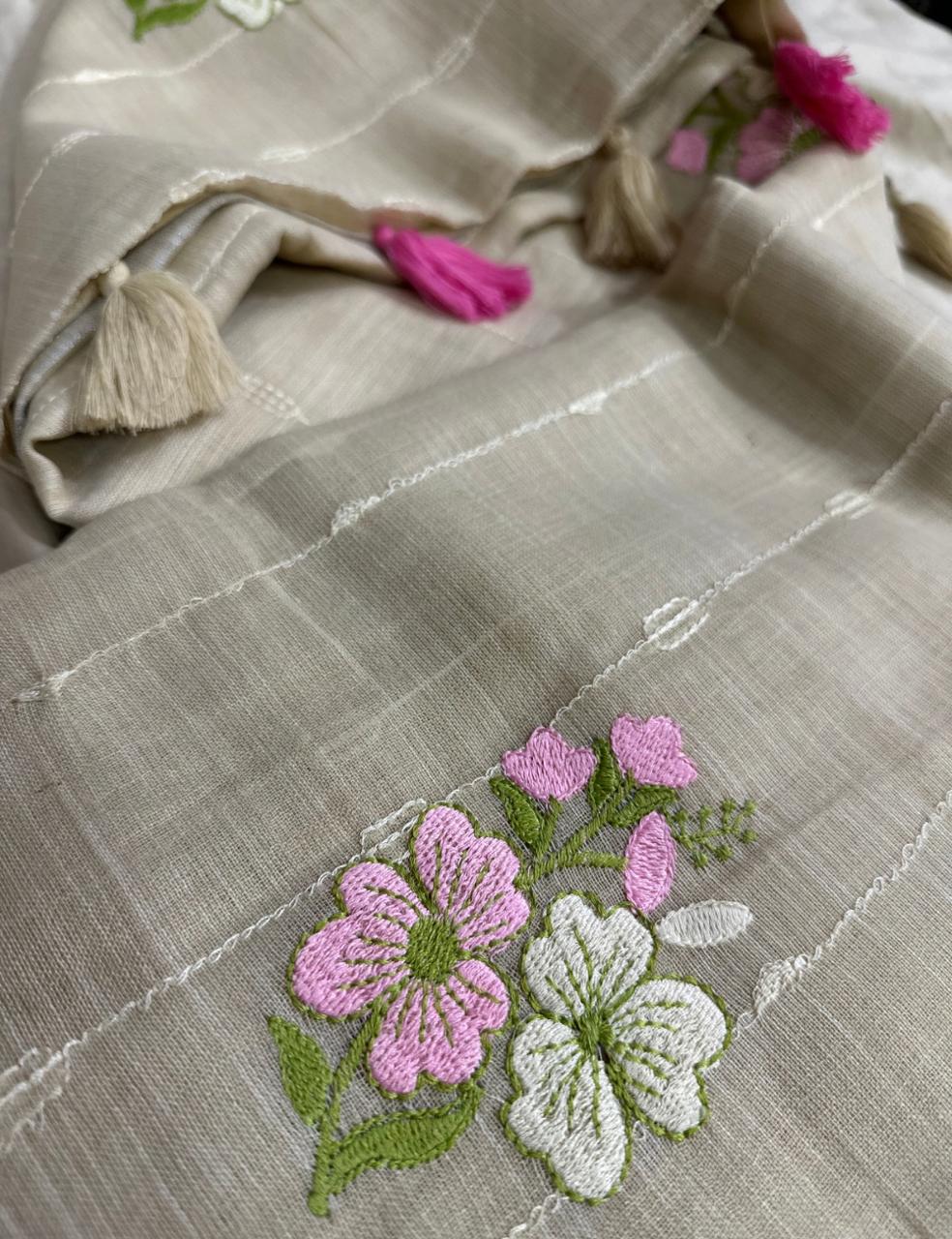 Elegant Sandle Pure LinenSaree with Multicolor Leaf Embroidery