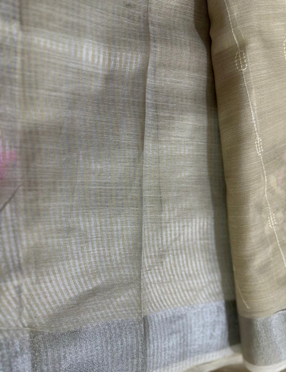 Elegant Sandle Pure LinenSaree with Multicolor Leaf Embroidery