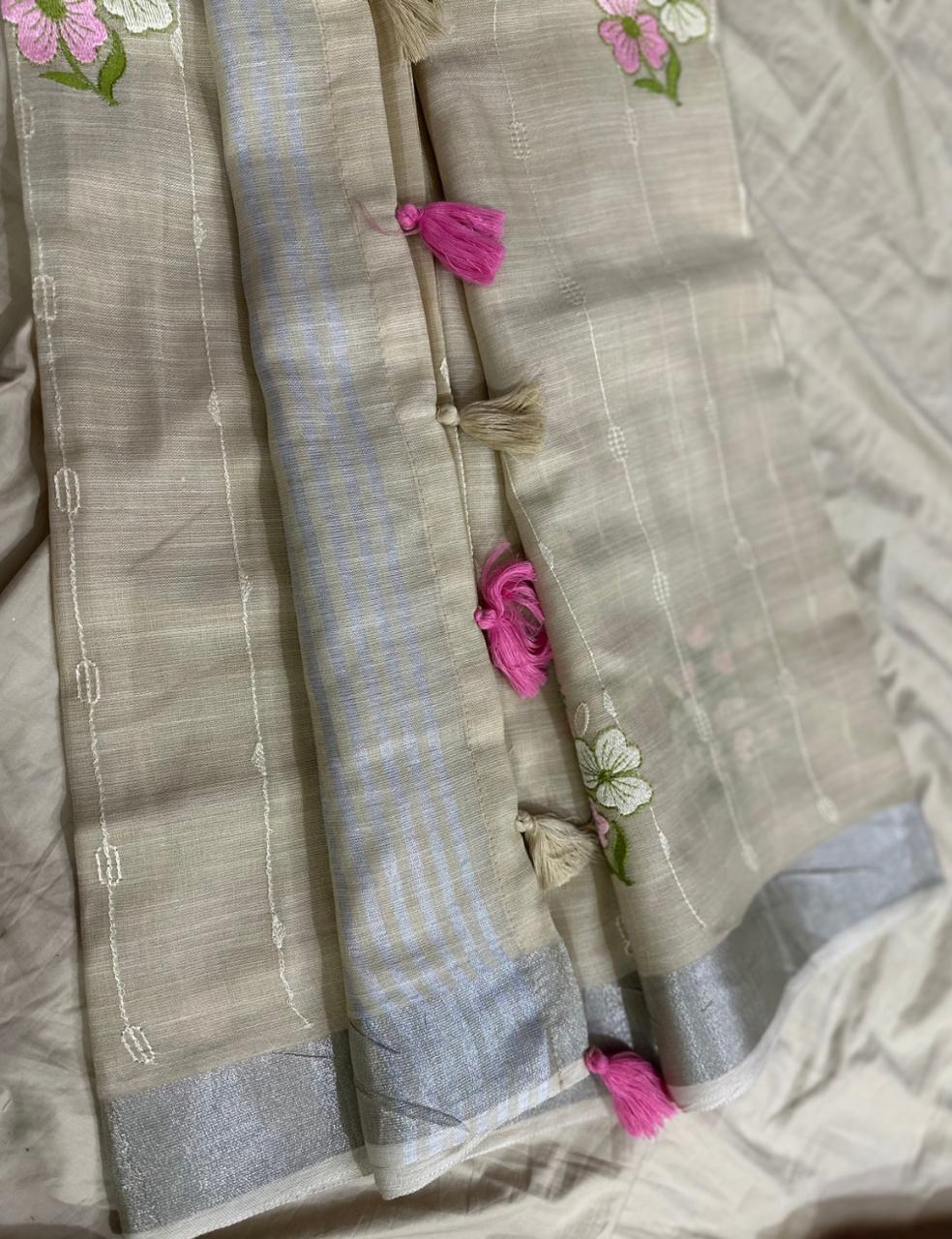 Elegant Sandle Pure LinenSaree with Multicolor Leaf Embroidery