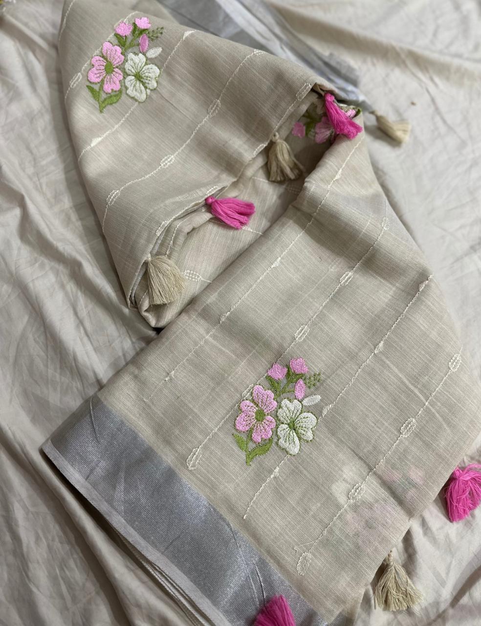 Elegant Sandle Pure LinenSaree with Multicolor Leaf Embroidery