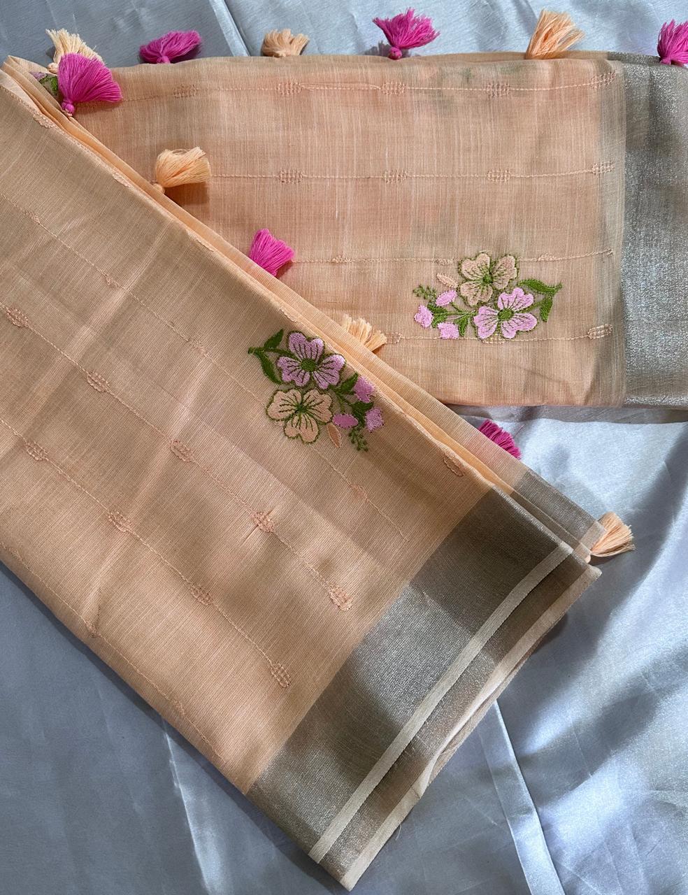 Elegant Peach Linen Cotton Saree with Floral Embroidery & Silver Border