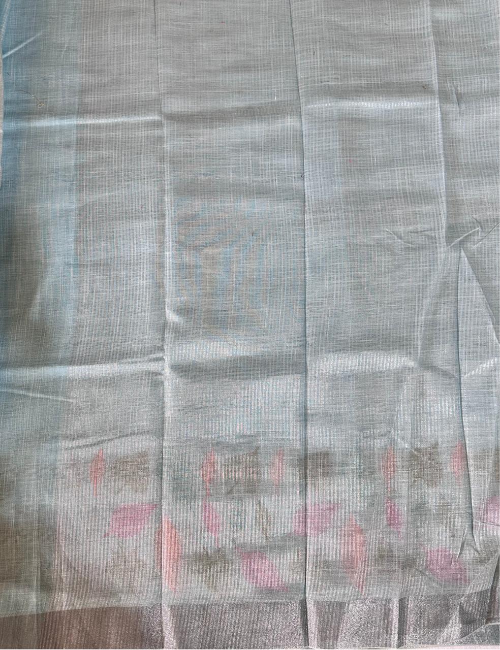 Elegant Peach Linen Cotton Saree with Floral Embroidery & Silver Border