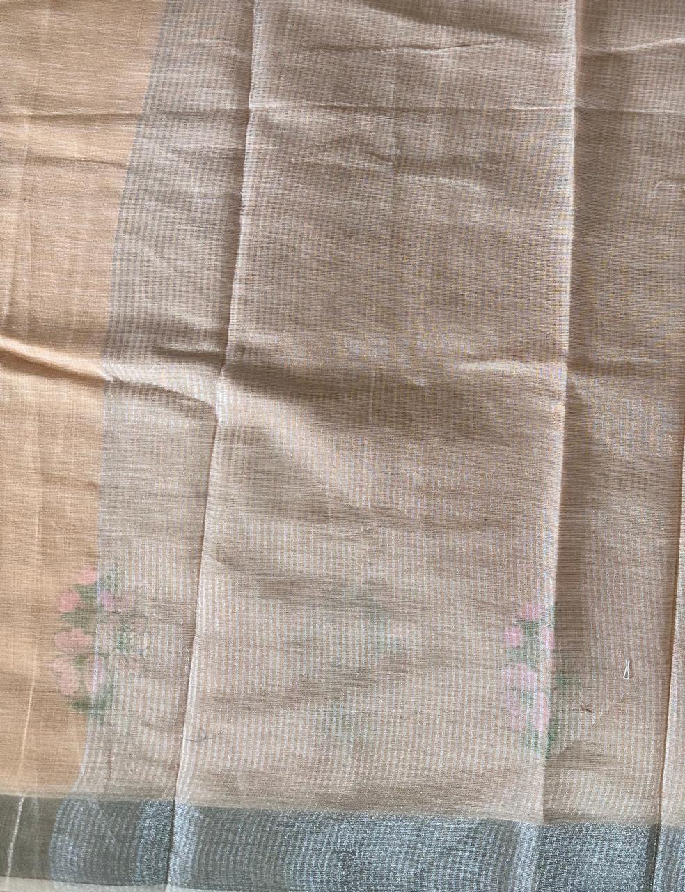 Elegant Peach Linen Cotton Saree with Floral Embroidery & Silver Border