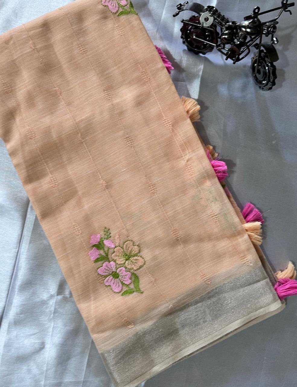 Elegant Peach Linen Cotton Saree with Floral Embroidery & Silver Border