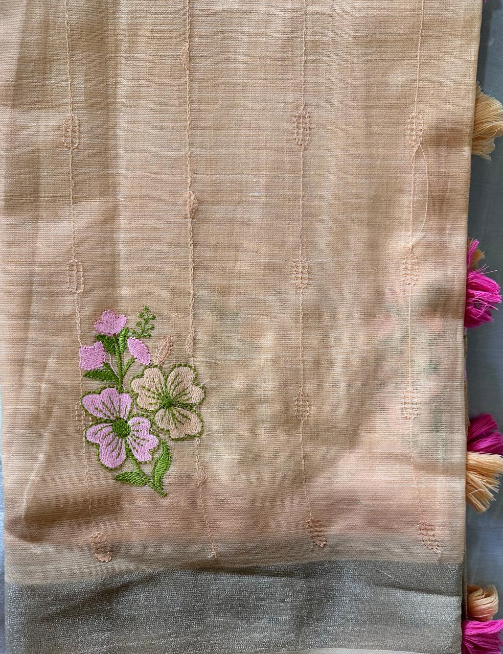 Elegant Peach Linen Cotton Saree with Floral Embroidery & Silver Border