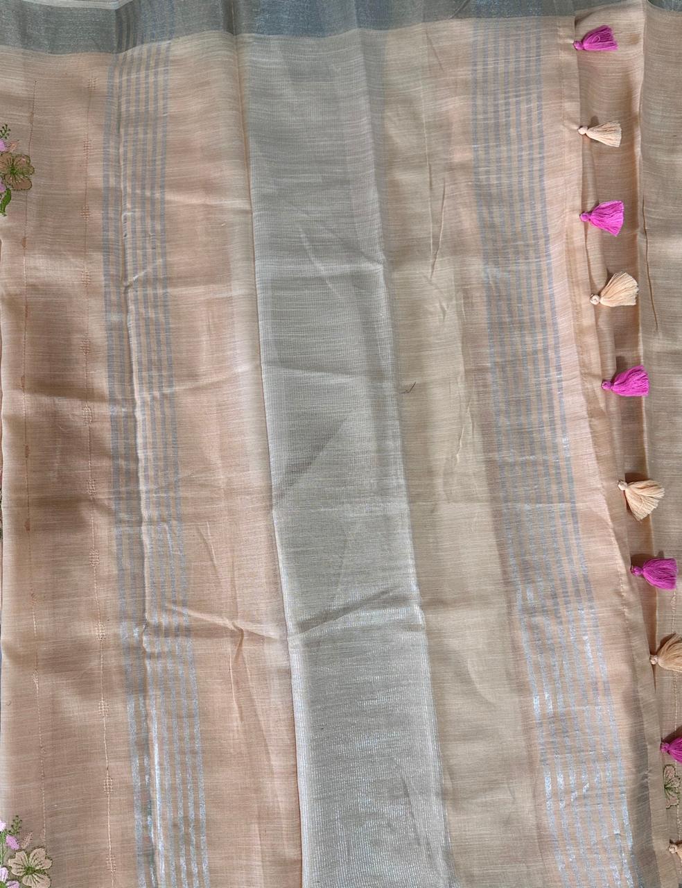 Elegant Peach Linen Cotton Saree with Floral Embroidery & Silver Border