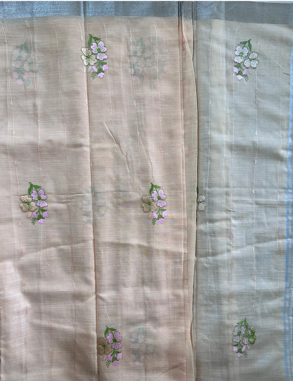 Elegant Peach Linen Cotton Saree with Floral Embroidery & Silver Border