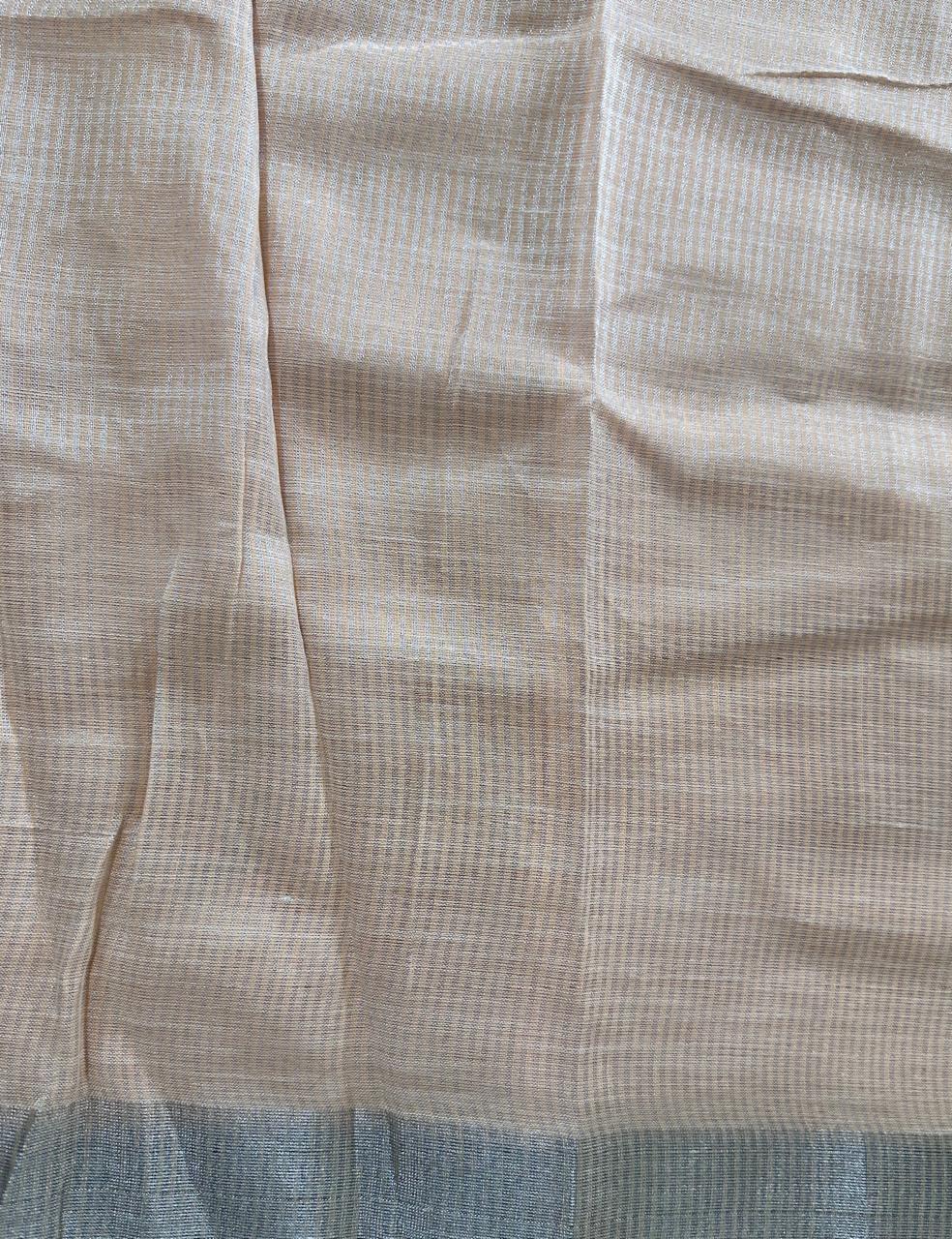 Elegant Peach Linen Cotton Saree with Floral Embroidery & Silver Border