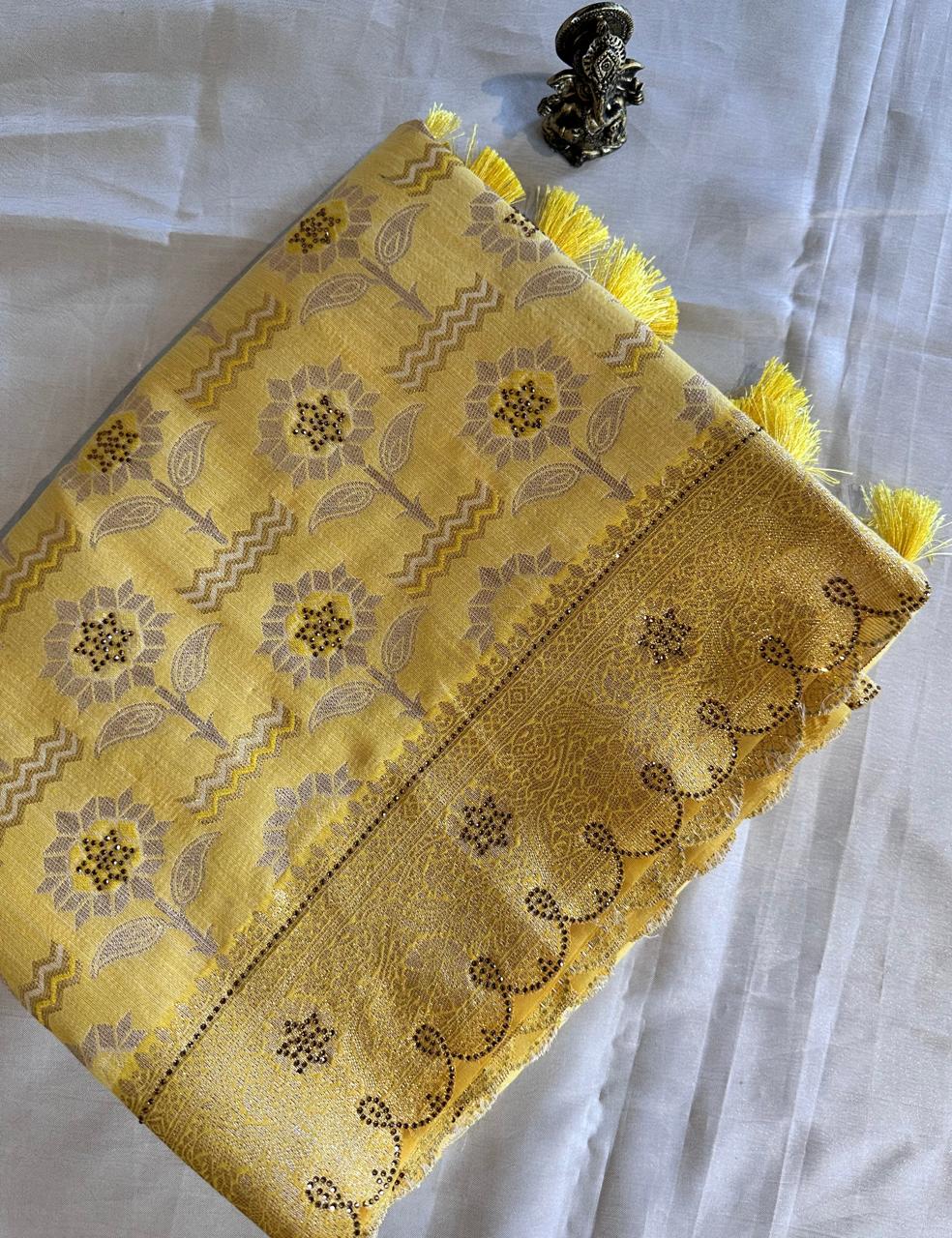 Sunshine|Yellow Soft Saree with Elegant Cutwork Blouse Design