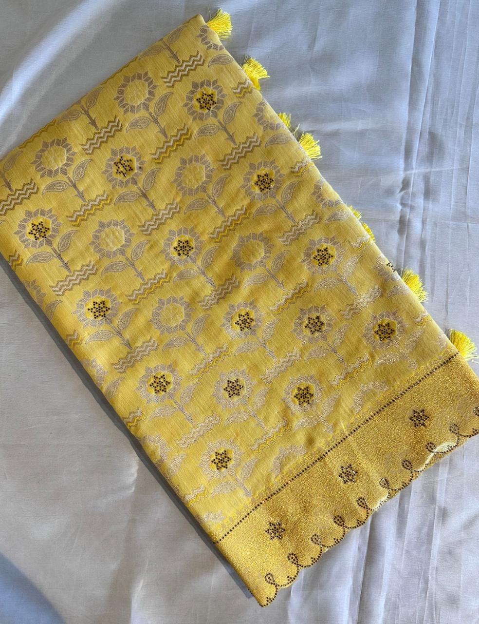 Sunshine|Yellow Soft Saree with Elegant Cutwork Blouse Design