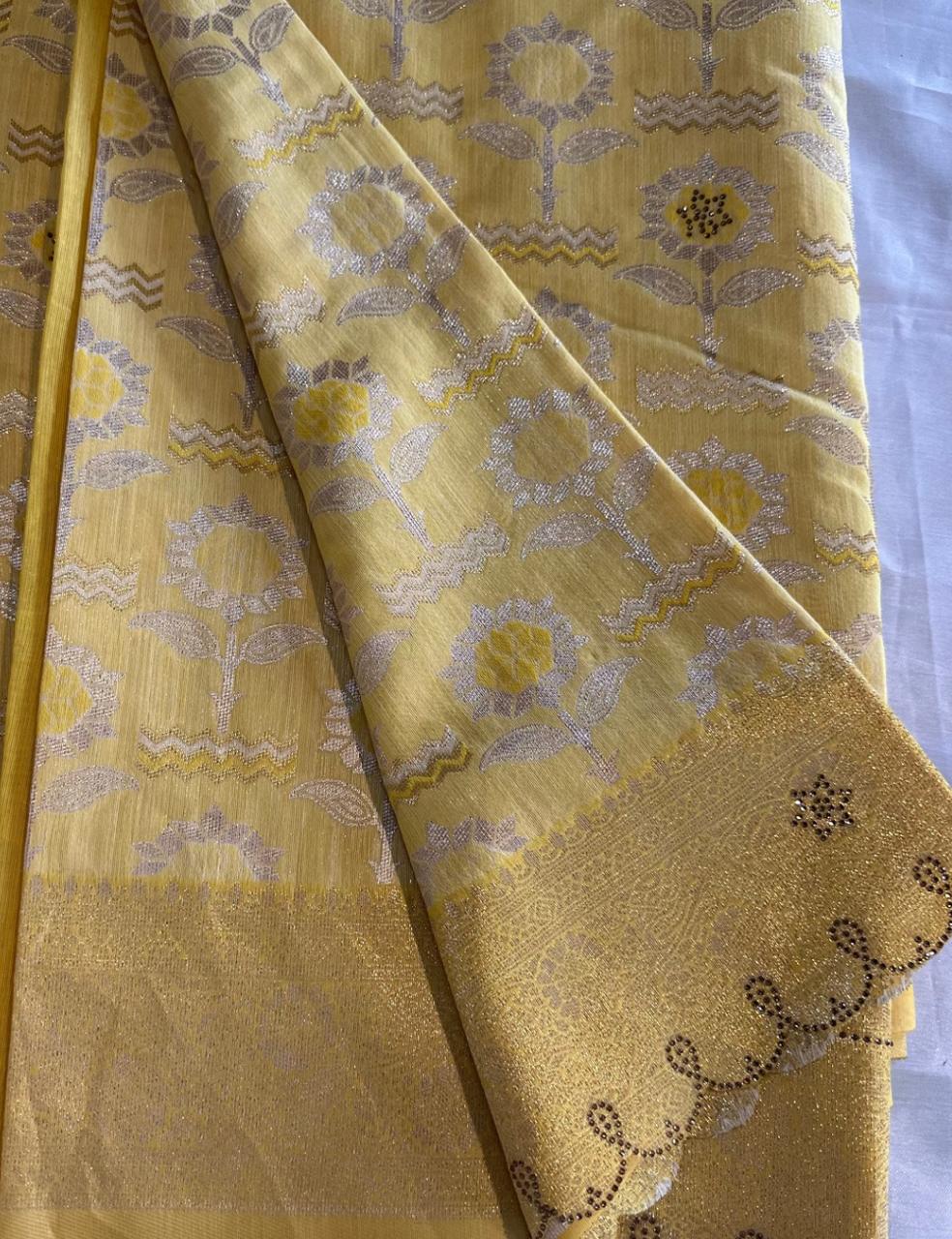 Sunshine|Yellow Soft Saree with Elegant Cutwork Blouse Design