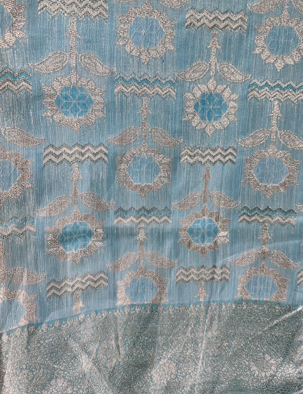 Aqua Blue Tussar Silk Saree with Floral Zari Butta and Scalloped Border