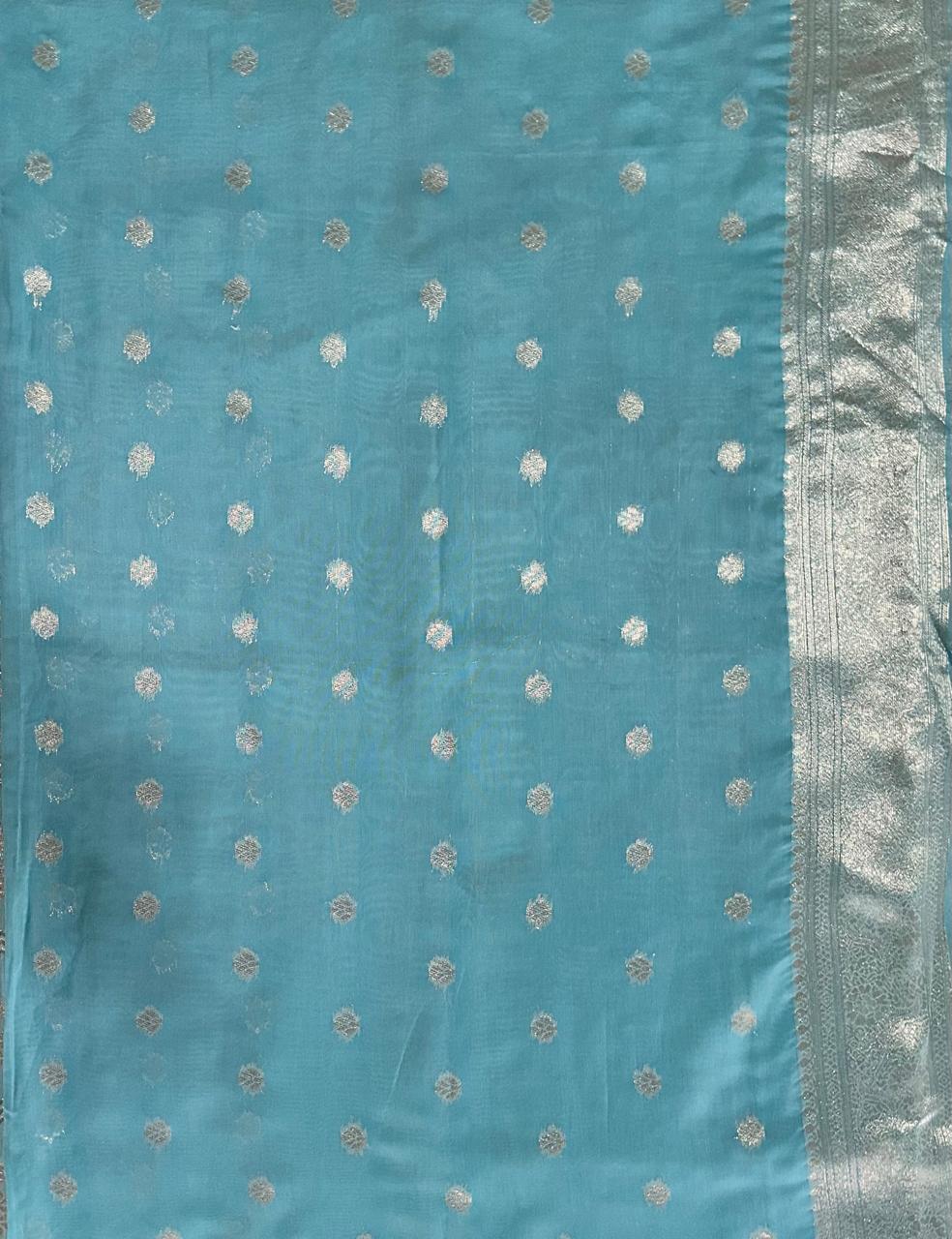 Aqua Blue Tussar Silk Saree with Floral Zari Butta and Scalloped Border