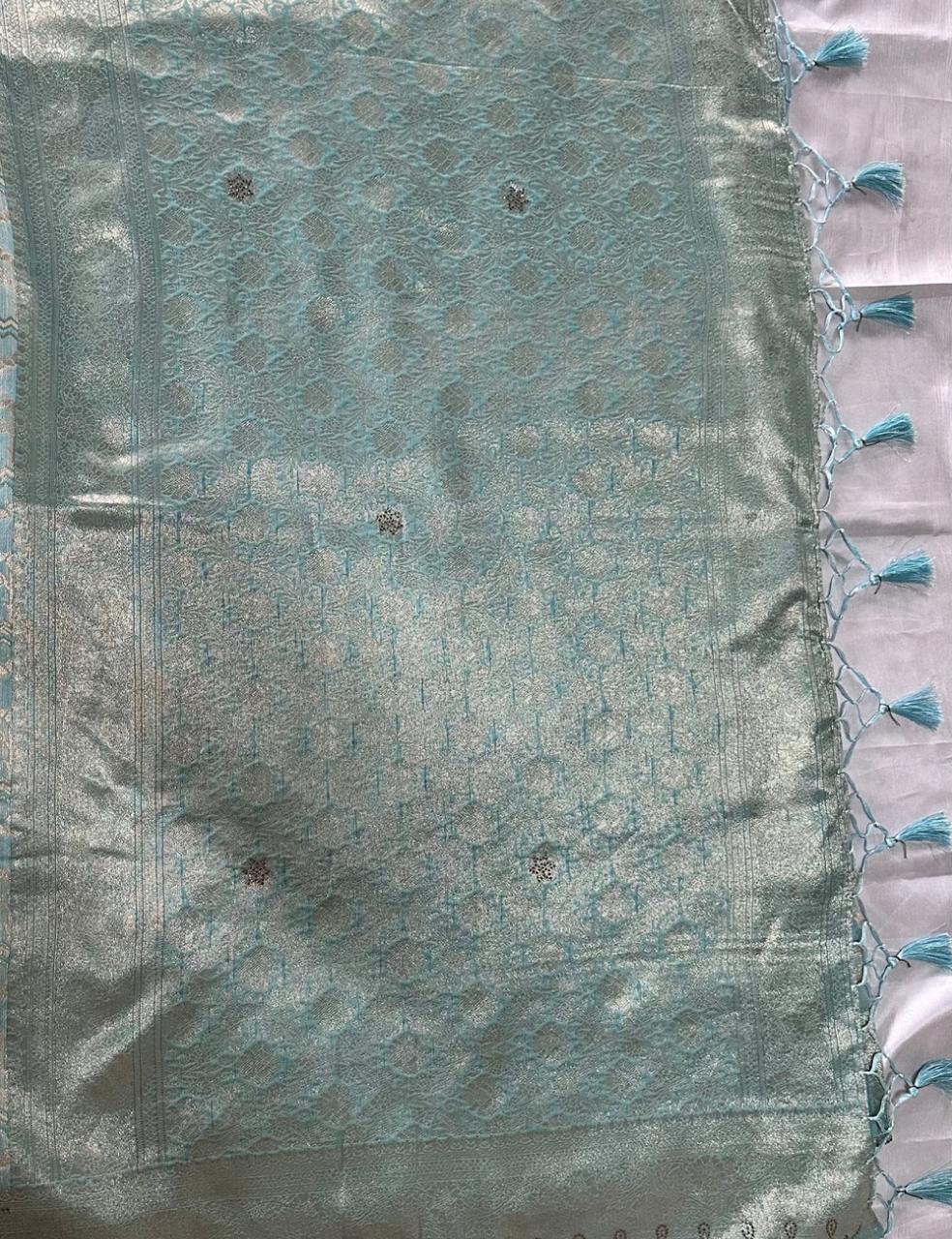 Aqua Blue Tussar Silk Saree with Floral Zari Butta and Scalloped Border