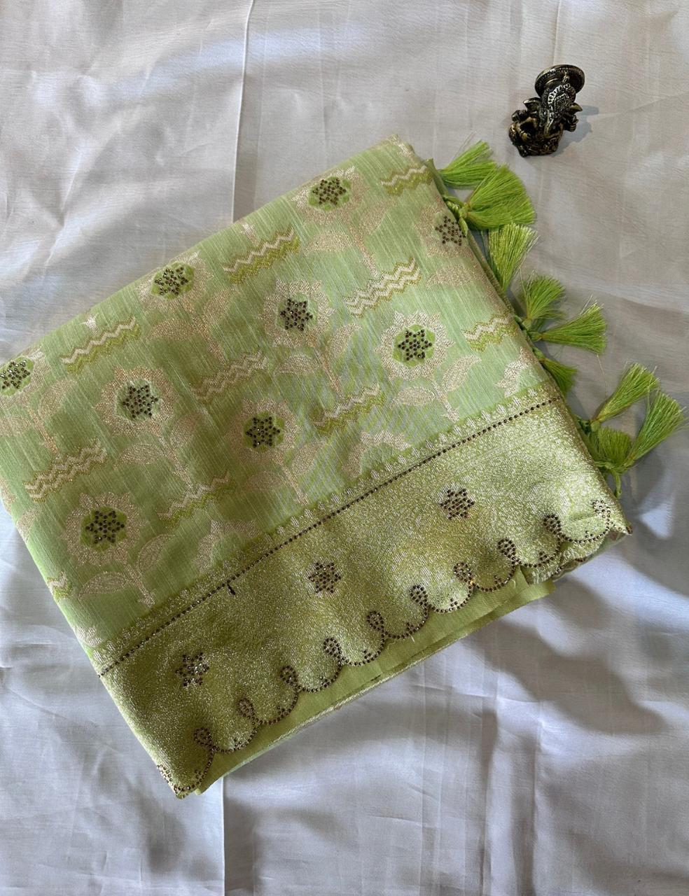 Premium Parrot Green Floral Woven Silk-Blend Saree with Tassels & Designer Border