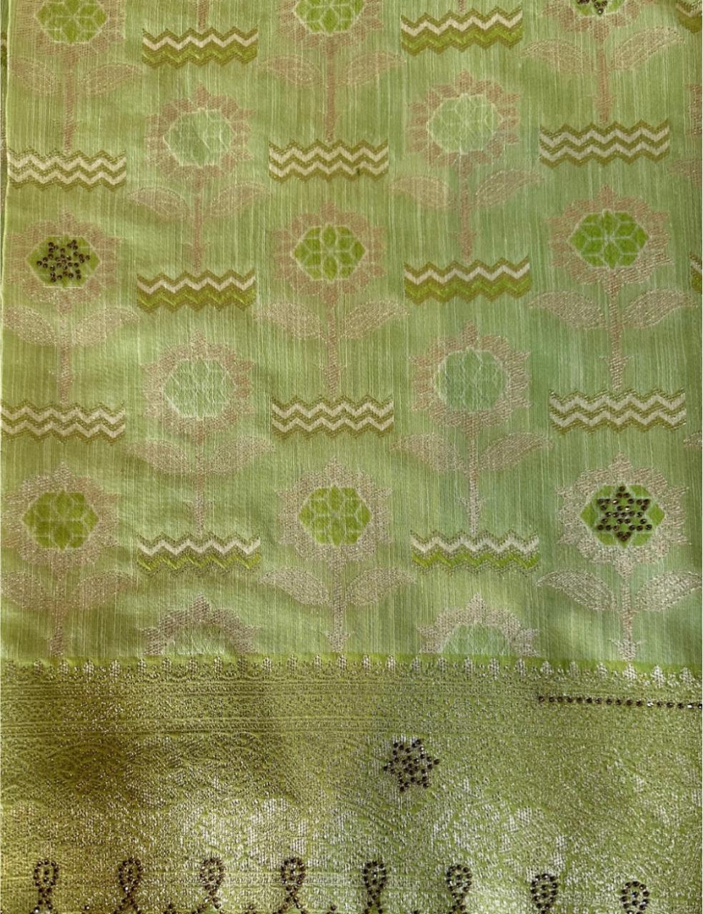 Premium Parrot Green Floral Woven Silk-Blend Saree with Tassels & Designer Border