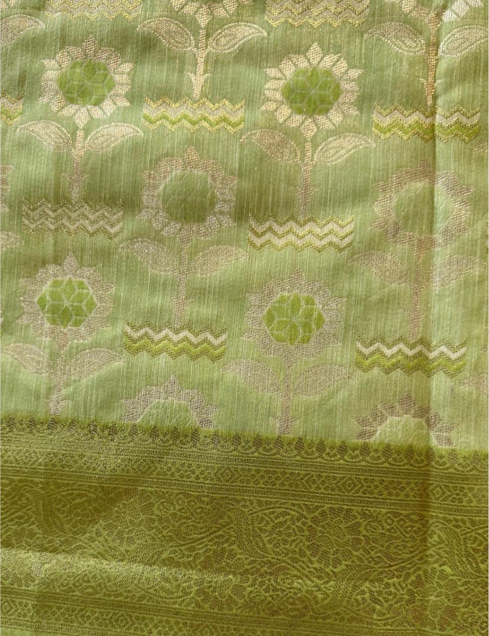 Premium Parrot Green Floral Woven Silk-Blend Saree with Tassels & Designer Border