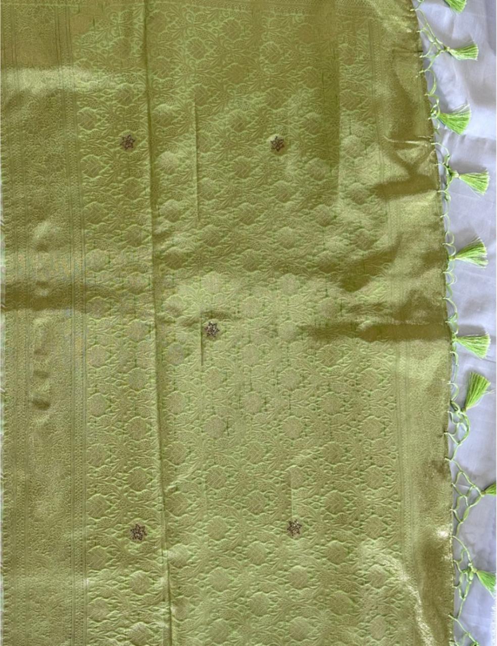 Premium Parrot Green Floral Woven Silk-Blend Saree with Tassels & Designer Border