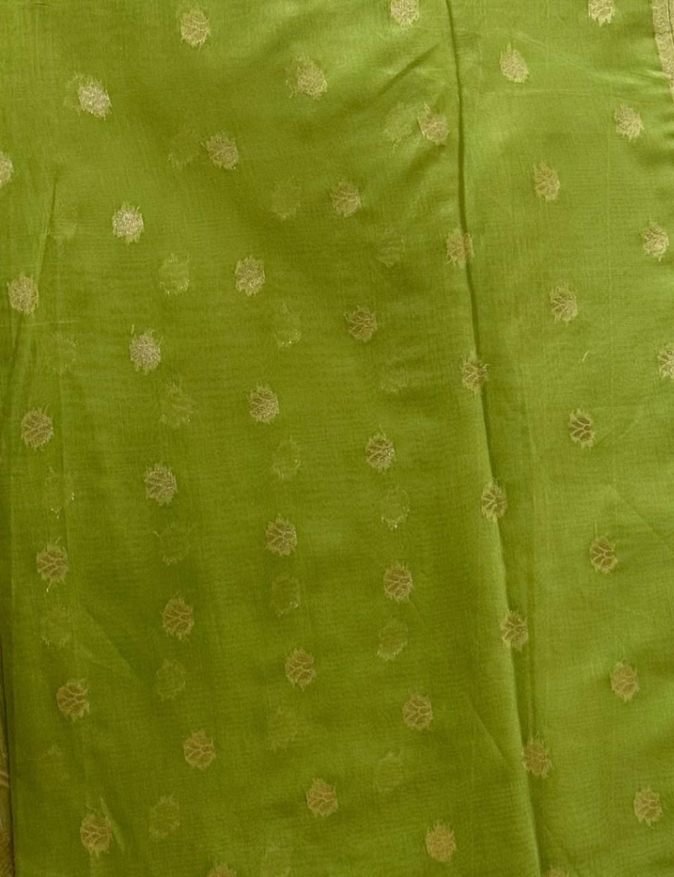 Premium Parrot Green Floral Woven Silk-Blend Saree with Tassels & Designer Border