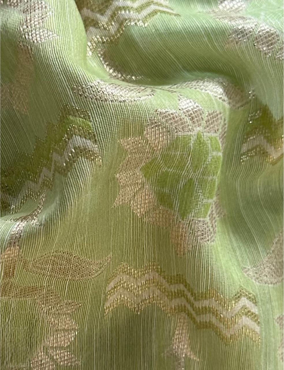 Premium Parrot Green Floral Woven Silk-Blend Saree with Tassels & Designer Border