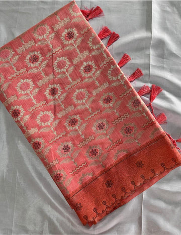 Premium Orange Floral Woven Silk-Blend Saree with Designer Border