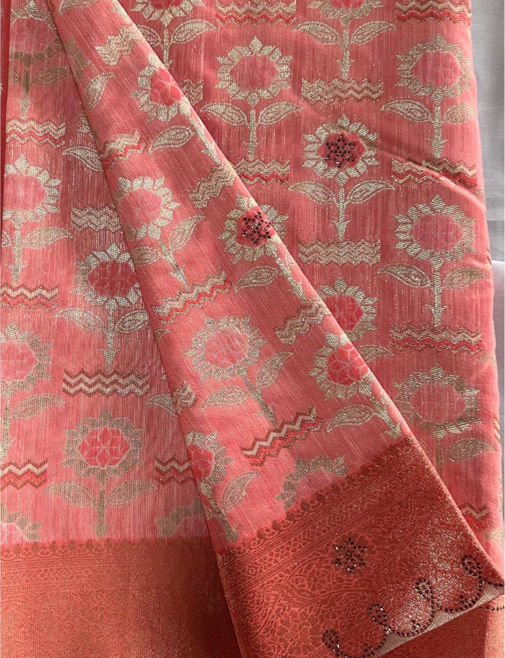 Premium Orange Floral Woven Silk-Blend Saree with Designer Border