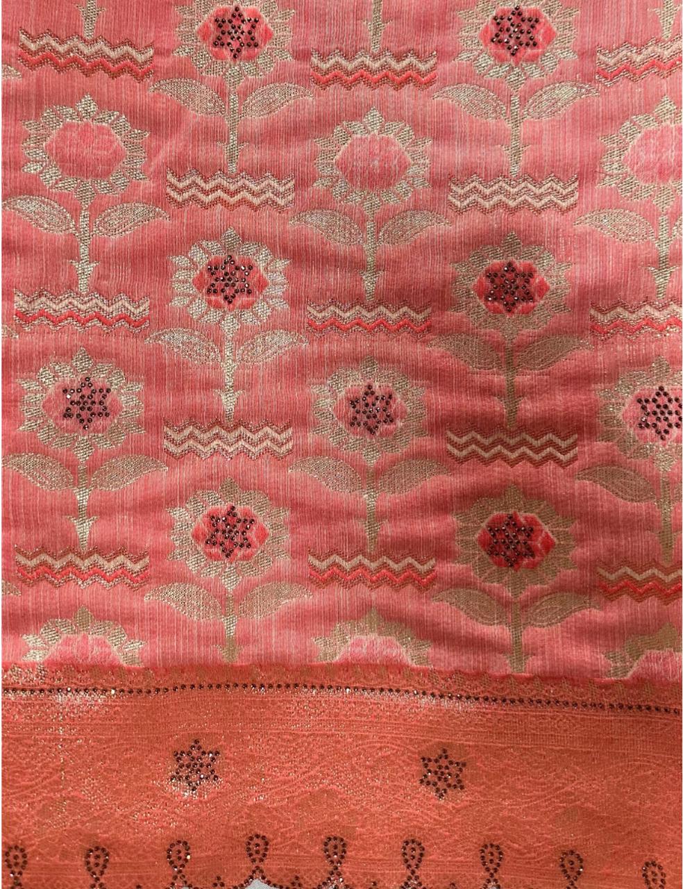 Premium Orange Floral Woven Silk-Blend Saree with Designer Border