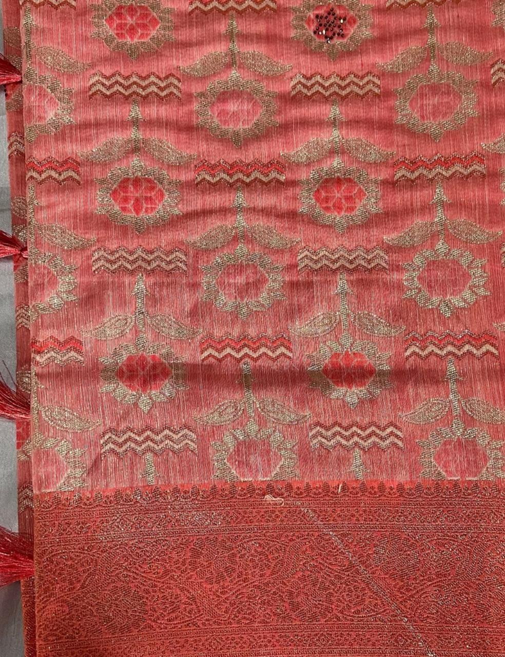 Premium Orange Floral Woven Silk-Blend Saree with Designer Border