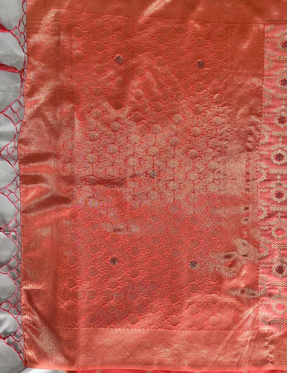 Premium Orange Floral Woven Silk-Blend Saree with Designer Border