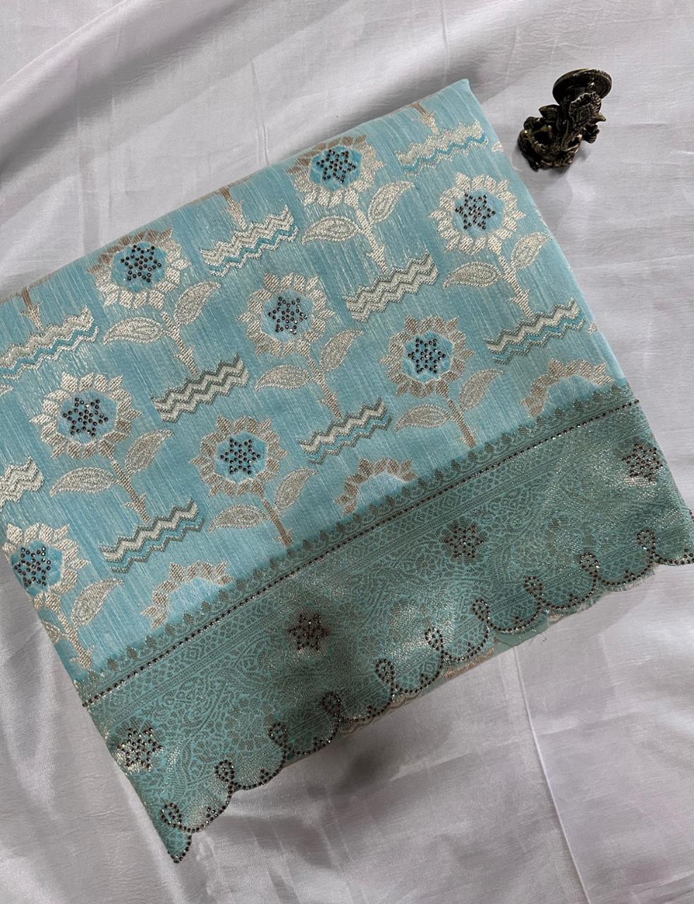 Aqua Blue Tussar Silk Saree with Floral Zari Butta and Scalloped Border