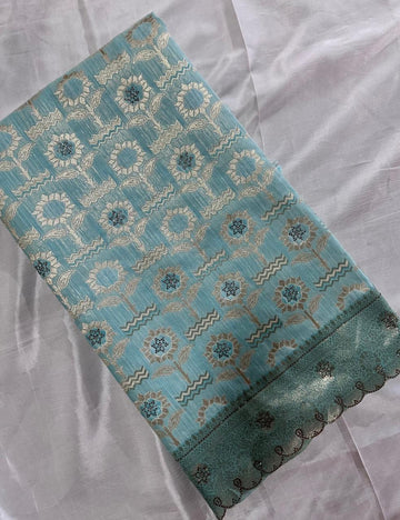Aqua Blue Tussar Silk Saree with Floral Zari Butta and Scalloped Border