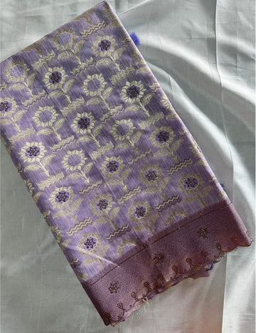 Premium Lavender Floral Woven Silk-Blend Saree with Designer Scalloped Border
