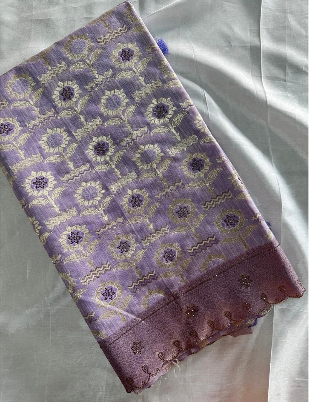 Premium Lavender Floral Woven Silk-Blend Saree with Designer Scalloped Border
