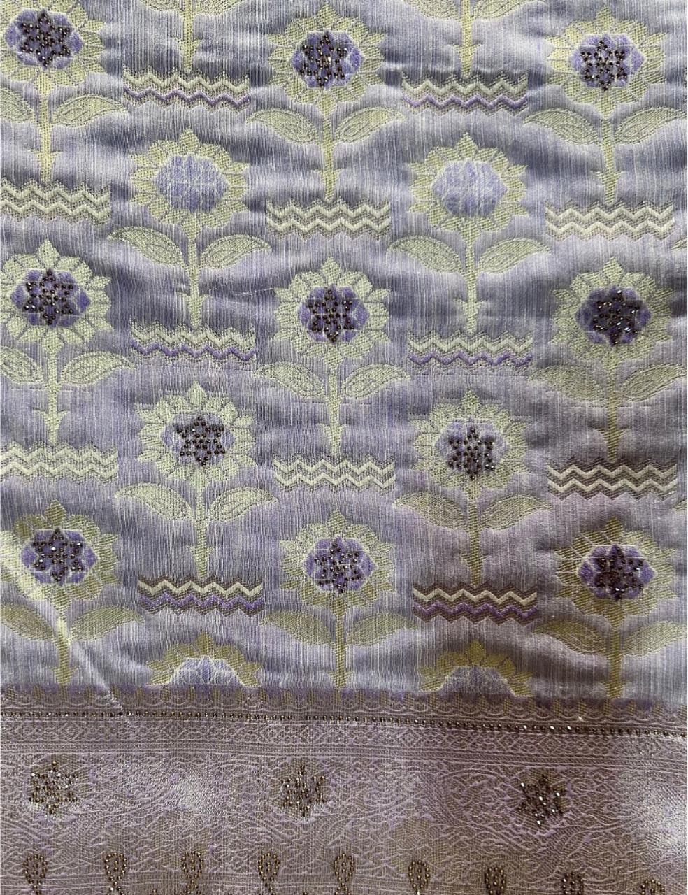 Premium Lavender Floral Woven Silk-Blend Saree with Designer Scalloped Border